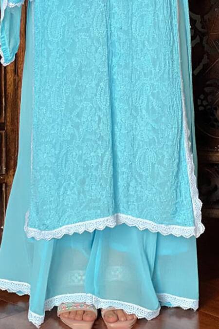 LABEL AISHWARYRIKA_Blue Georgette Embroidery Round Neck Opal Sky Chikankari Lace Kurta Set _Online_at_Aza_Fashions