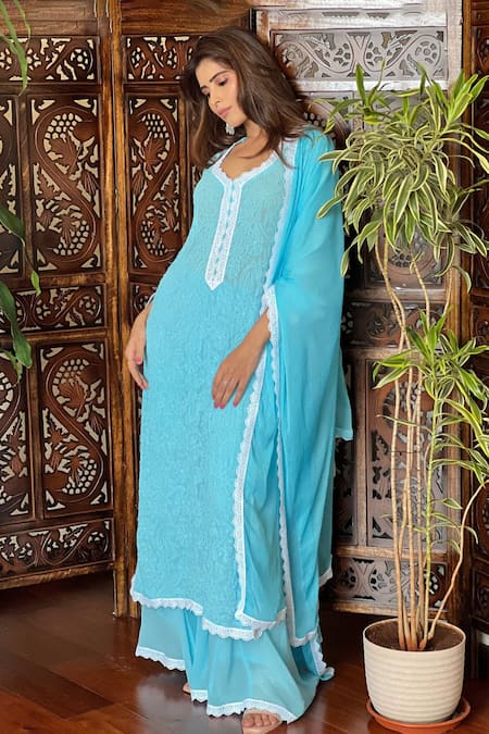 LABEL AISHWARYRIKA Opal Sky Chikankari Lace Kurta Set 