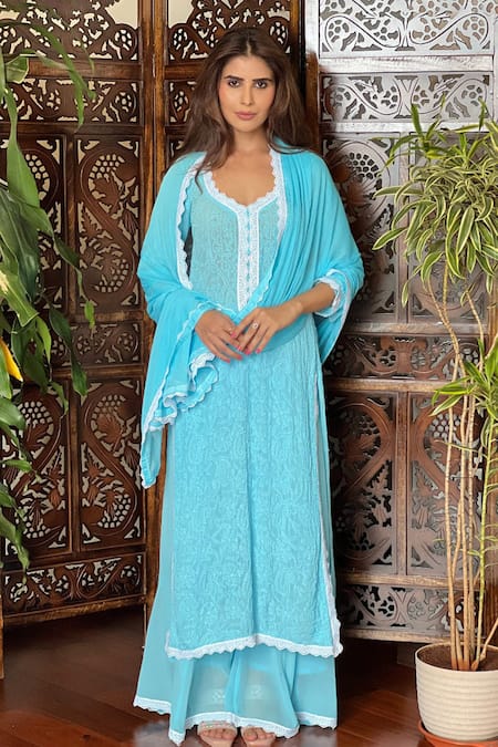 Label Aishwaryrika Blue Georgette Embroidery Round Neck Opal Sky Chikankari Lace Kurta Set 