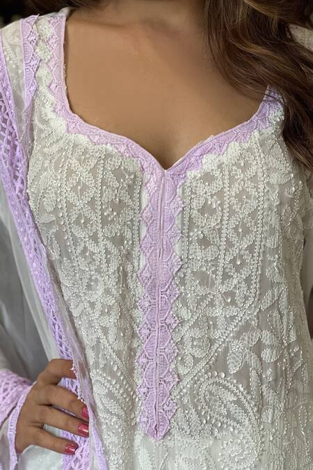 Buy LABEL AISHWARYRIKA White Georgette Embroidery Lilac Chikankari Lace Kurta Set Online at Aza Fashions Buy_LABEL AISHWARYRIKA_White Georgette Embroidery Lilac Chikankari Lace Kurta Set _Online_at_Aza_Fashions
