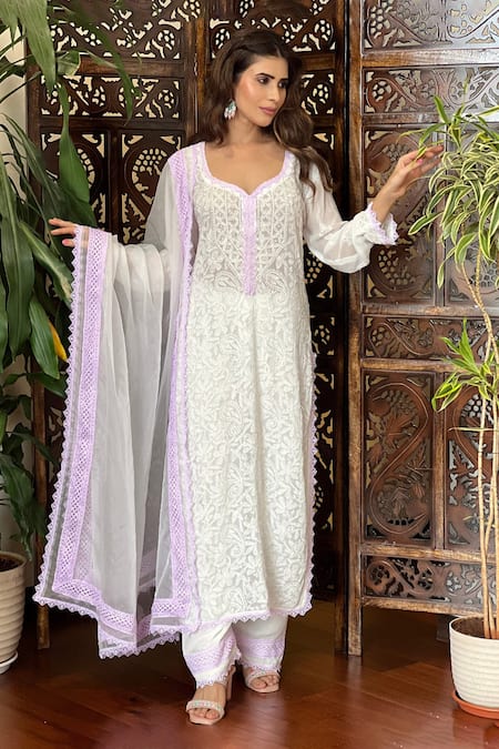 Label Aishwaryrika White Georgette Embroidery Lilac Chikankari Lace Kurta Set 