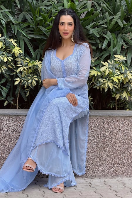 Label Aishwaryrika Blue Georgette Embroidery Round Neck Jewel Chikankari Kurta Set 