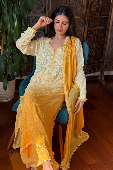 LABEL AISHWARYRIKA_Yellow Georgette Embroidery Round Neck Sunshine Chikankari Lace Kurta Set _Online_at_Aza_Fashions