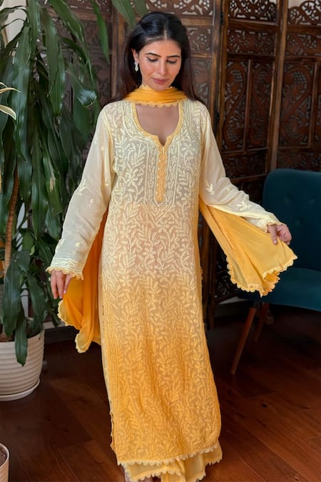 LABEL AISHWARYRIKA Sunshine Yellow Chikankari Lace Kurta Set 