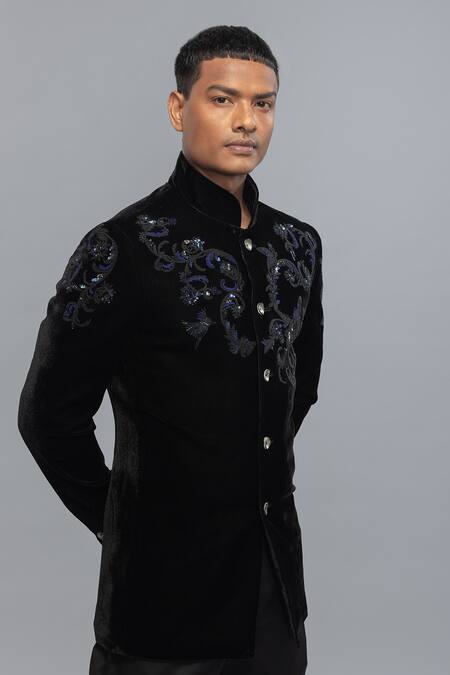 Rohit Bal_Black Velvet Embroidery Bandhgala _Online_at_Aza_Fashions