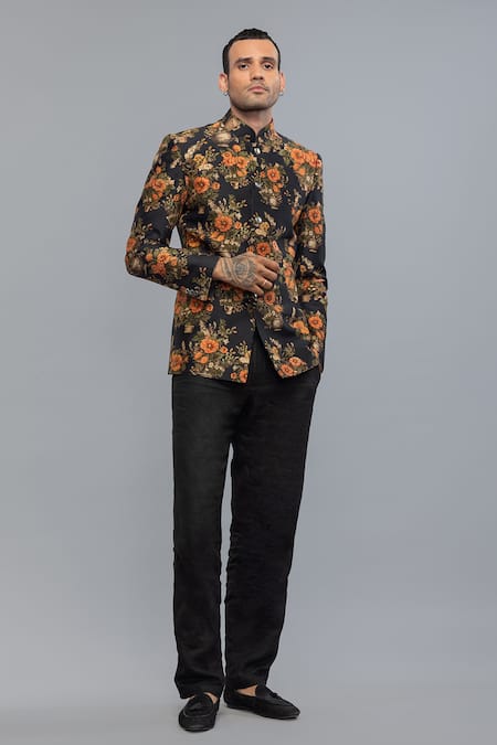 Rohit Bal_Black Silk Printed Bandhgala _Online_at_Aza_Fashions