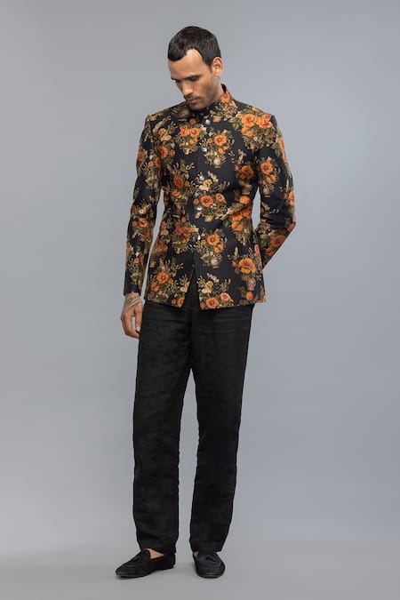 Buy_Rohit Bal_Black Silk Printed Bandhgala _Online_at_Aza_Fashions