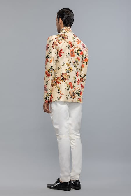 Rohit Bal_Ivory Silk Floral Printed Bandhgala _Online_at_Aza_Fashions