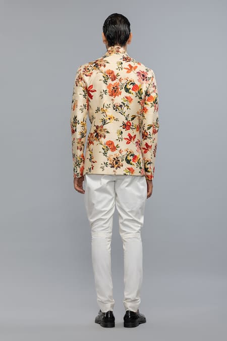 Shop_Rohit Bal_Ivory Silk Floral Printed Bandhgala _Online_at_Aza_Fashions