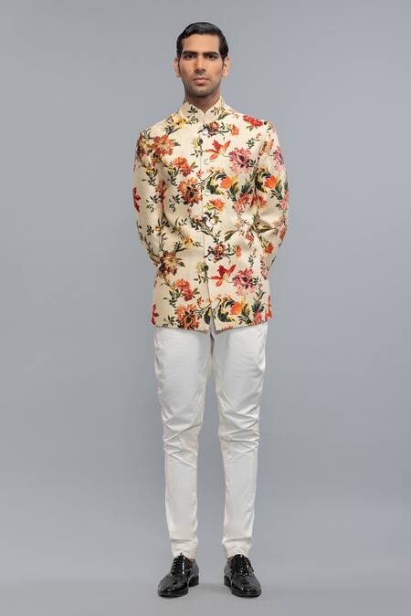 Rohit Bal_Ivory Silk Floral Printed Bandhgala _at_Aza_Fashions