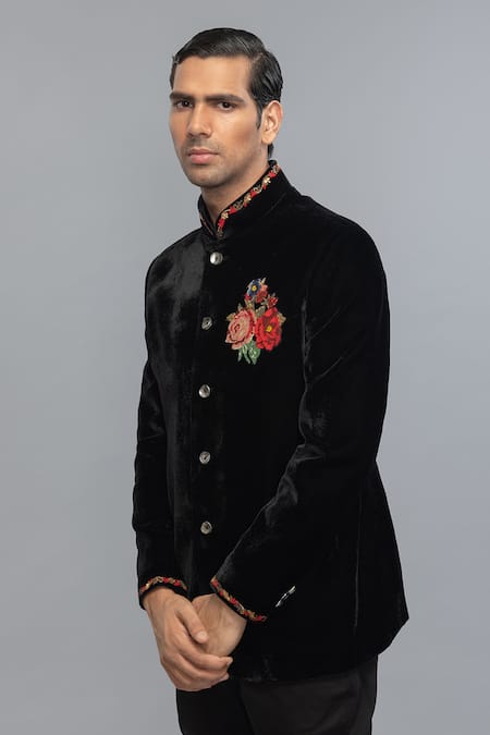 Rohit Bal_Black Velvet Embroidery Bandhgala _Online_at_Aza_Fashions