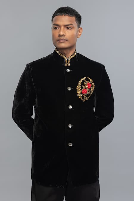 Rohit Bal_Black Velvet Embroidery Bandhgala _Online_at_Aza_Fashions