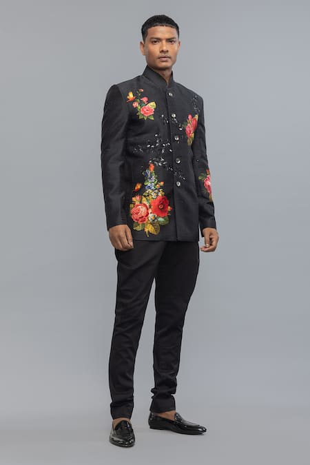 Rohit Bal_Black Silk Embroidery Bandhgala _Online_at_Aza_Fashions