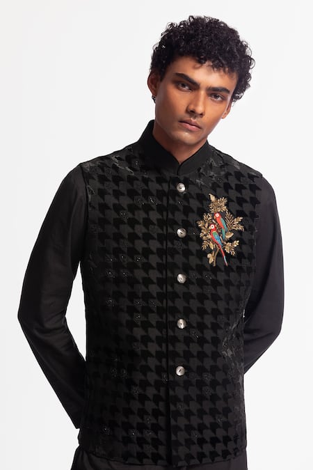Rohit Bal_Black Velvet Embroidery Designer Nehru Jacket _Online_at_Aza_Fashions