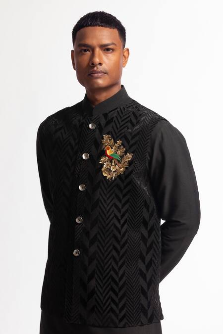 Rohit Bal_Black Velvet Embroidery Designer Nehru Jacket _Online_at_Aza_Fashions