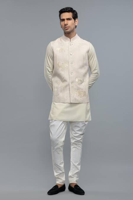Rohit Bal_Ivory Silk Embroidery Nehru Jacket _Online_at_Aza_Fashions
