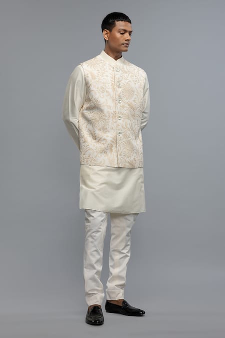 Rohit Bal_Ivory Silk Embroidery Nehru Jacket _Online_at_Aza_Fashions
