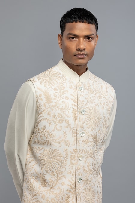 Buy_Rohit Bal_Ivory Silk Embroidery Nehru Jacket _Online_at_Aza_Fashions