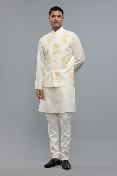 Rohit Bal_Ivory Silk Embroidery Nehru Jacket _Online_at_Aza_Fashions