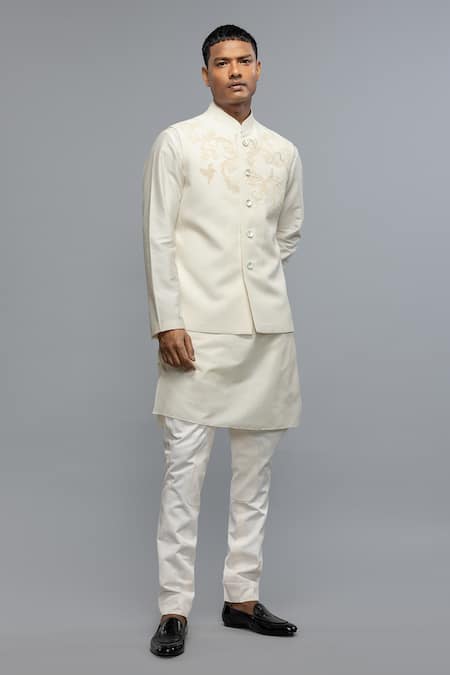 Rohit Bal_Ivory Silk Embroidery Nehru Jacket _Online_at_Aza_Fashions