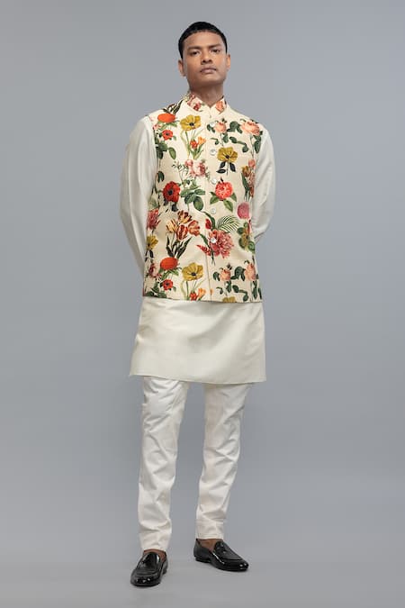 Buy_Rohit Bal_Ivory Silk Embroidery Floral Nehru Jacket _Online_at_Aza_Fashions