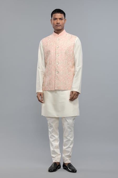 Rohit Bal_Pink Silk Embroidery Powder Nehru Jacket _Online_at_Aza_Fashions