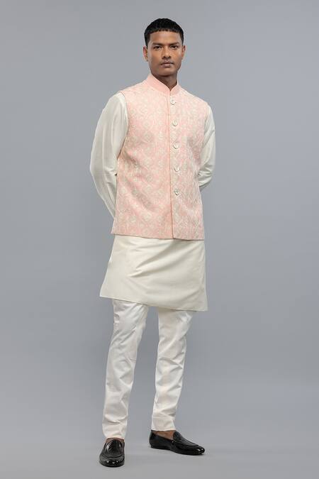 Buy_Rohit Bal_Pink Silk Embroidery Powder Nehru Jacket _Online_at_Aza_Fashions