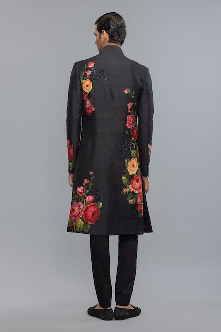 Rohit Bal Black Floral Embroidered Sherwani 