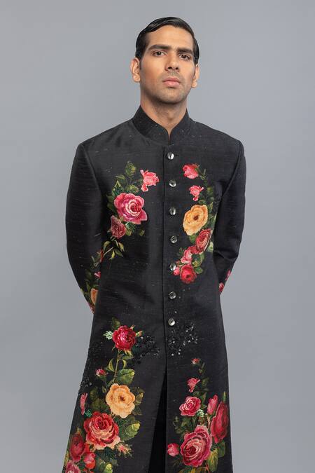 Buy_Rohit Bal_Black Silk Embroidery Floral Sherwani _Online_at_Aza_Fashions