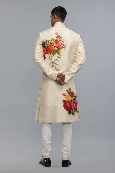 Rohit Bal_Ivory Silk Embroidery Designer Sherwani _Online_at_Aza_Fashions
