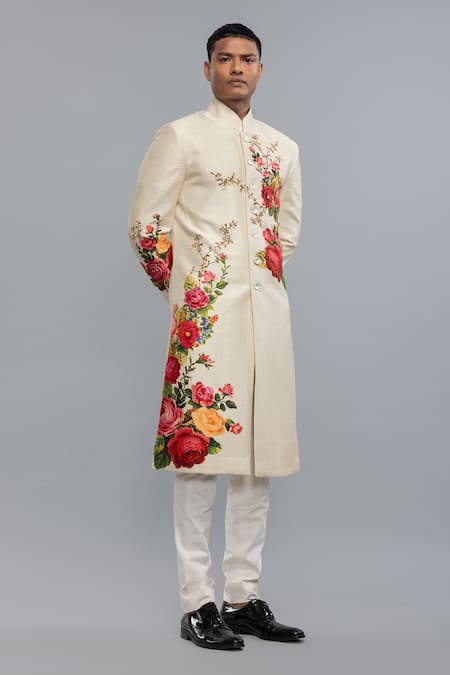 Buy_Rohit Bal_Ivory Silk Embroidery Designer Sherwani _Online_at_Aza_Fashions