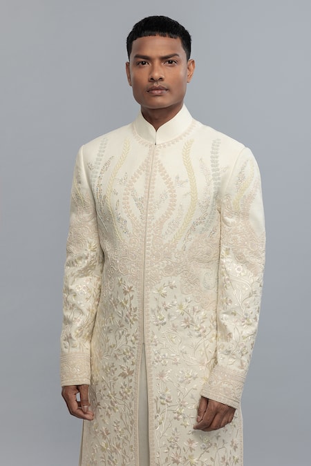 Rohit Bal_Ivory Silk Embroidery Matka Sherwani _Online_at_Aza_Fashions
