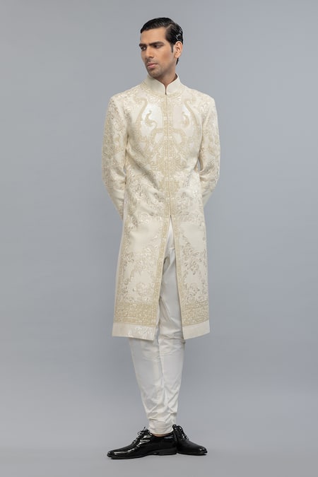 Rohit Bal_Ivory Silk Embroidery Designer Sherwani _Online_at_Aza_Fashions