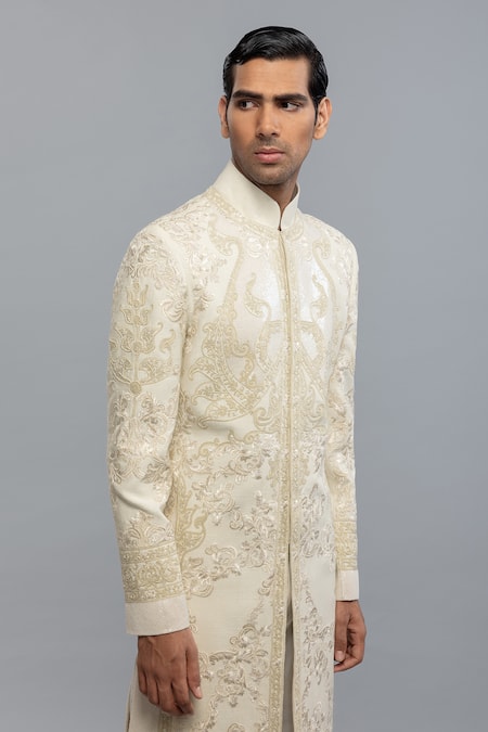 Buy_Rohit Bal_Ivory Silk Embroidery Designer Sherwani _Online_at_Aza_Fashions