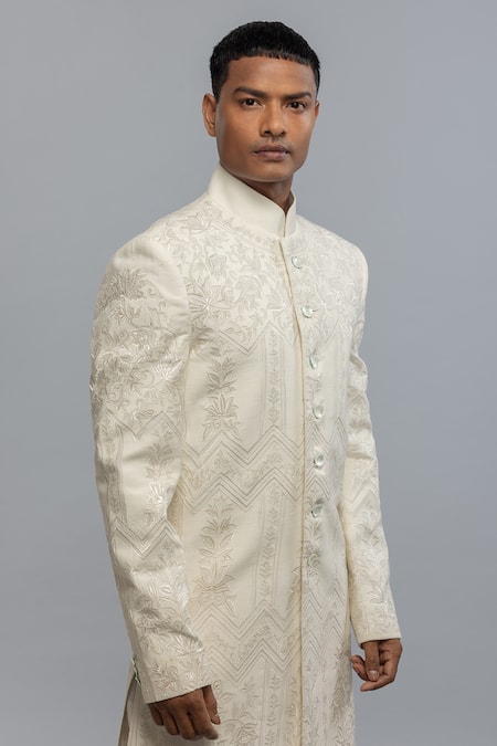 Rohit Bal_Ivory Silk Embroidery Designer Sherwani _Online_at_Aza_Fashions