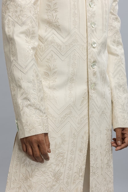 Rohit Bal_Ivory Silk Embroidery Designer Sherwani _at_Aza_Fashions