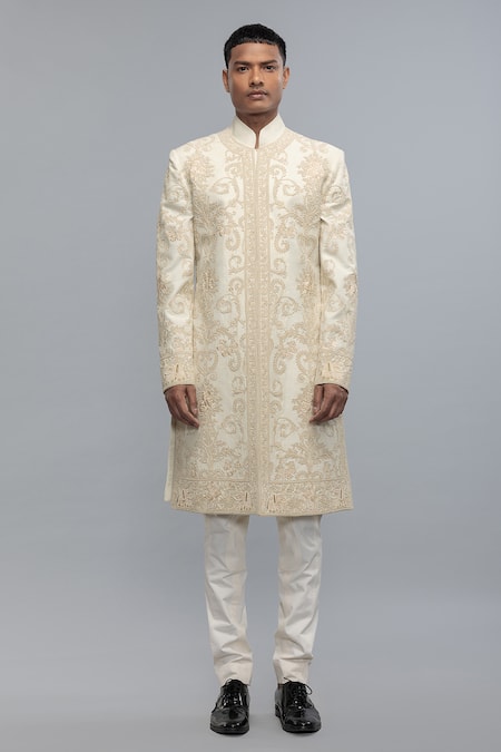 Rohit Bal_Ivory Silk Embroidery Matka Sherwani _Online_at_Aza_Fashions