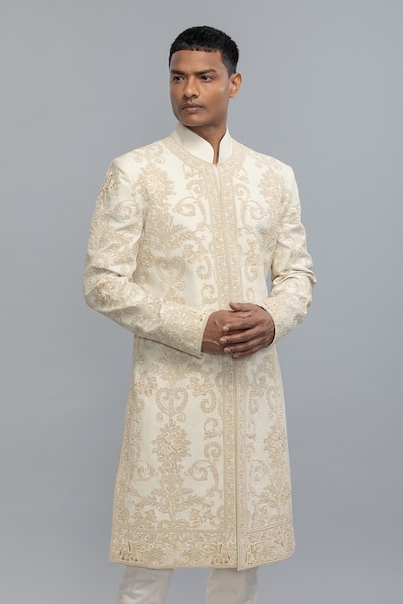 Rohit Bal Ivory Silk Embroidery Matka Sherwani 