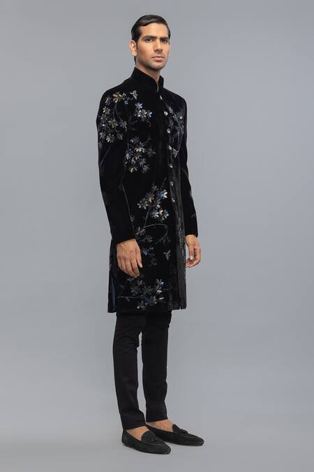 Rohit Bal_Black Silk Embroidery Matka Designer Sherwani _Online_at_Aza_Fashions