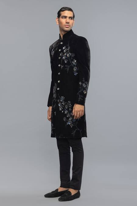 Buy_Rohit Bal_Black Silk Embroidery Matka Designer Sherwani _Online_at_Aza_Fashions