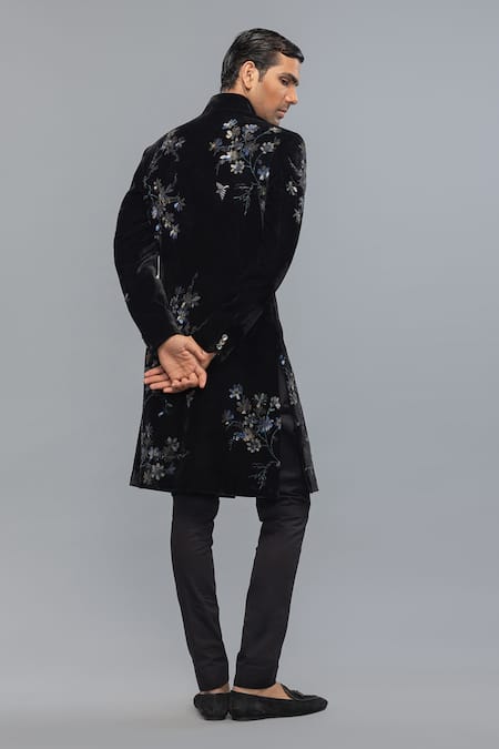Shop_Rohit Bal_Black Silk Embroidery Matka Designer Sherwani _Online_at_Aza_Fashions