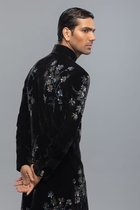 Rohit Bal_Black Silk Embroidery Matka Designer Sherwani _at_Aza_Fashions