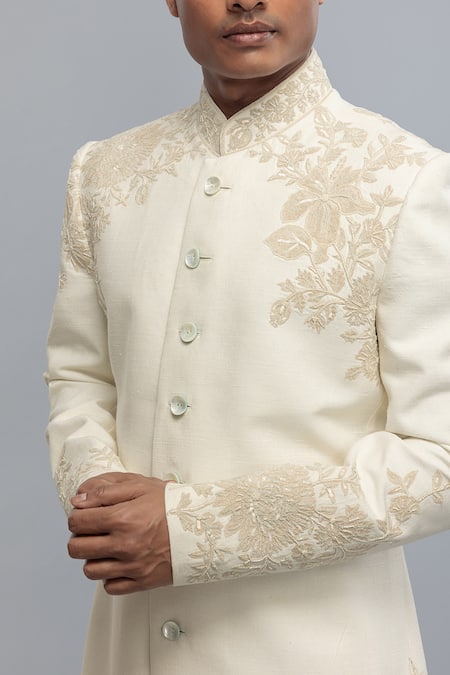 Rohit Bal_Ivory Silk Embroidery Matka Sherwani _Online_at_Aza_Fashions