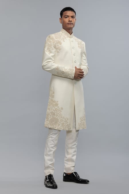 Shop_Rohit Bal_Ivory Silk Embroidery Matka Sherwani _Online_at_Aza_Fashions