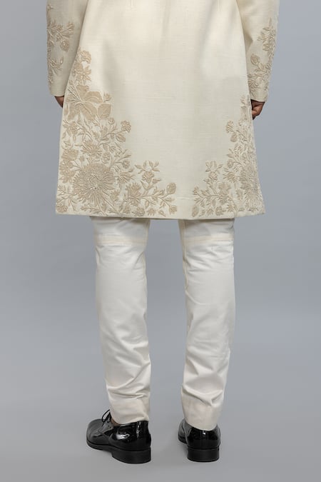 Rohit Bal_Ivory Silk Embroidery Matka Sherwani _at_Aza_Fashions