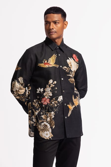 Rohit Bal Black Poplin Embroidery Designer Shirt 