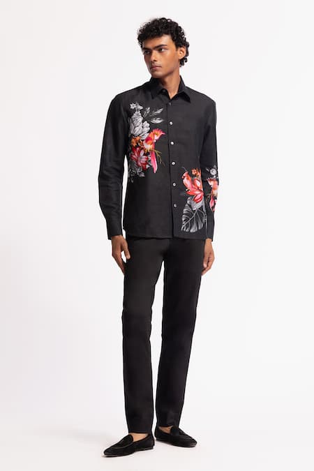 Rohit Bal_Black Poplin Embroidery Shirt _Online_at_Aza_Fashions