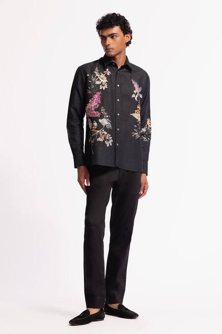 Rohit Bal_Black Poplin Embroidery Designer Shirt _Online_at_Aza_Fashions