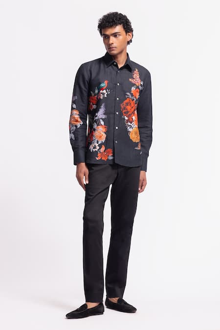 Rohit Bal Black Poplin Embroidery Designer Shirt Online at Aza Fashions Rohit Bal_Black Poplin Embroidery Designer Shirt _Online_at_Aza_Fashions