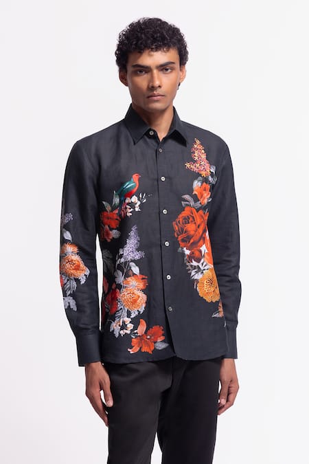 Rohit Bal Black Poplin Embroidery Designer Shirt 